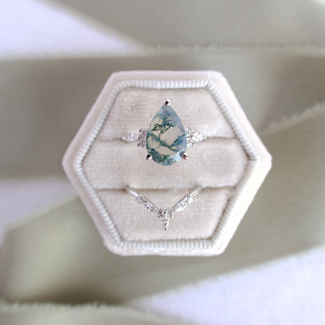 Moss Agate & White Diamond Ring Set